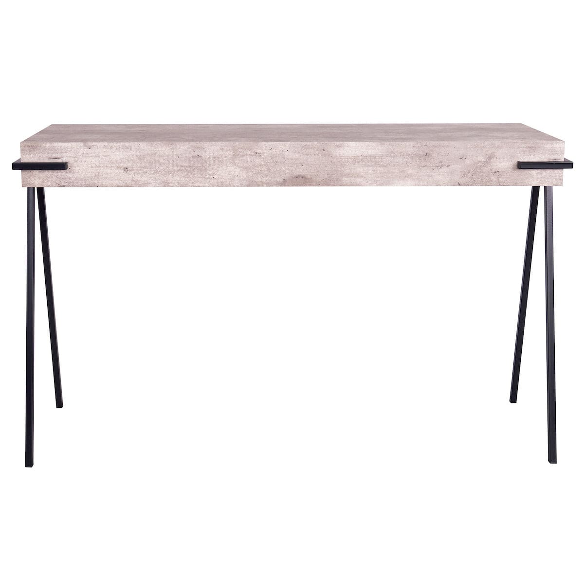 Wooden desk with black metal legs on a white background
