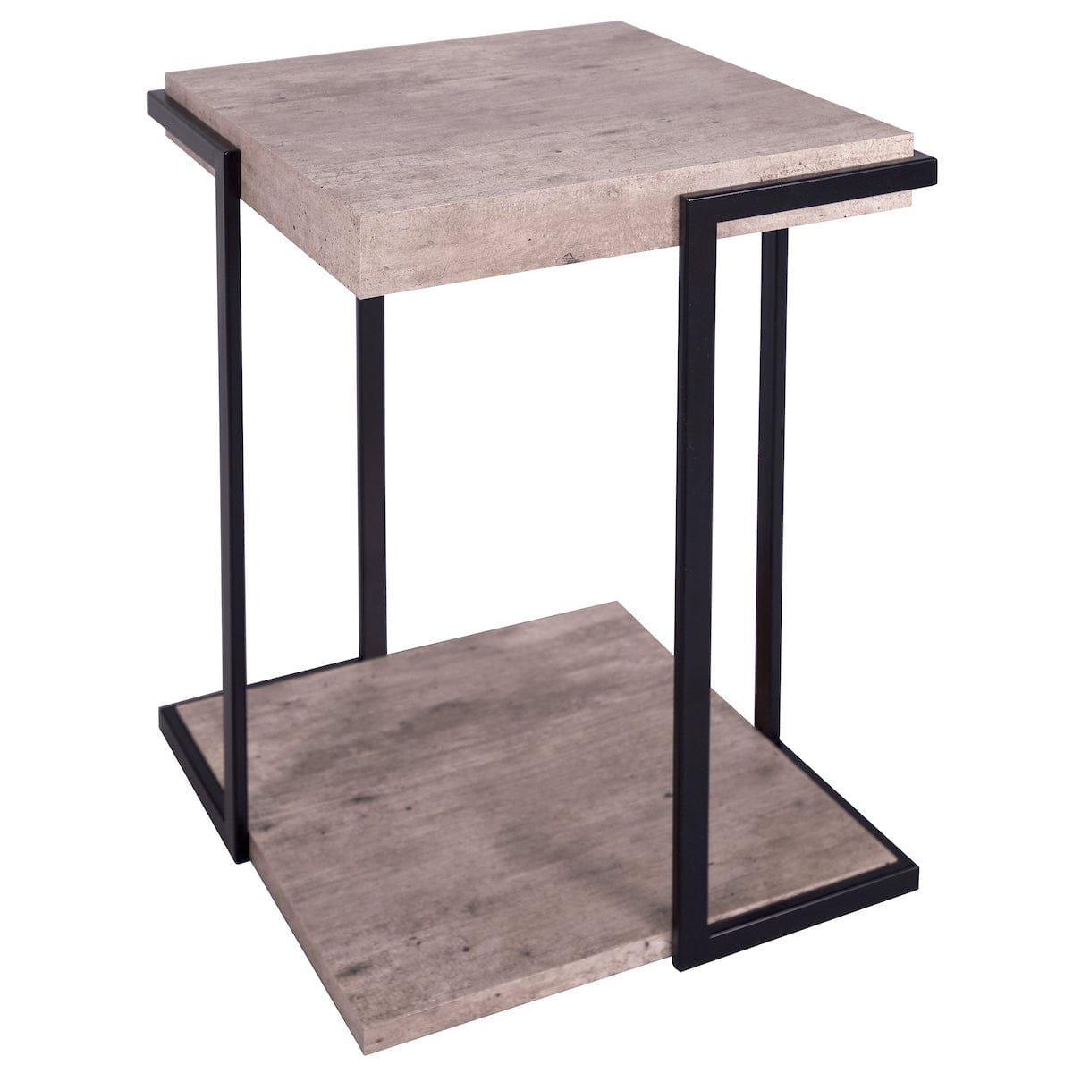 Side table with concrete-like top and black metal frame on a white background