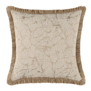 Decorative pillow with textured pattern and frayed edges on a white background
