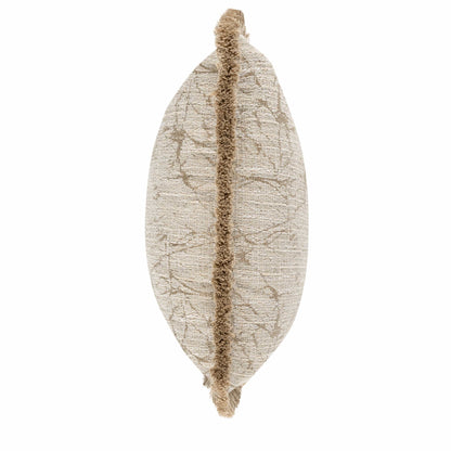 Decorative pillow with a textured pattern and brown trim on a white background