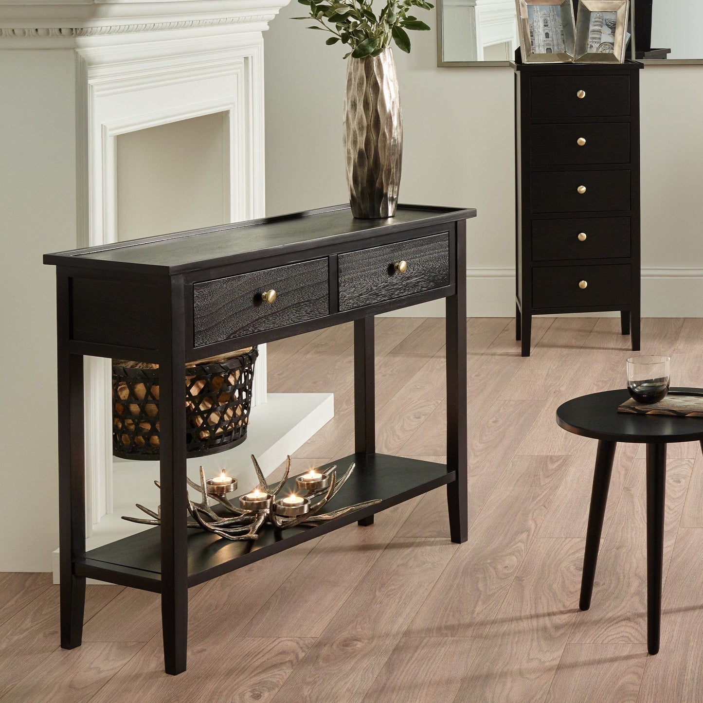 Satin Black Pine Wood 2 Drawer Console Table