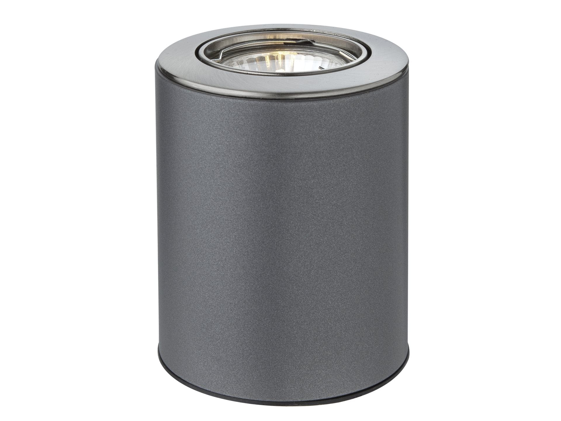 Cylindrical metal uplight in satin steel on a white background