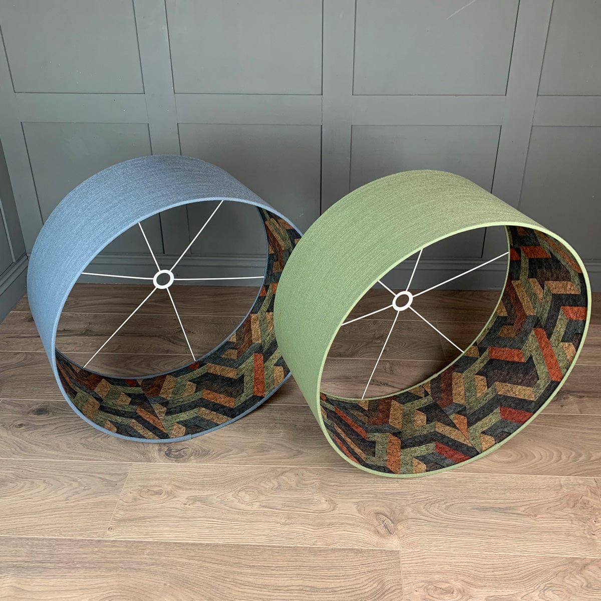 Saxon Slate Linen Pendant Shade with Anthology Escheresque Copper/Slate Cork Wallpaper Lining