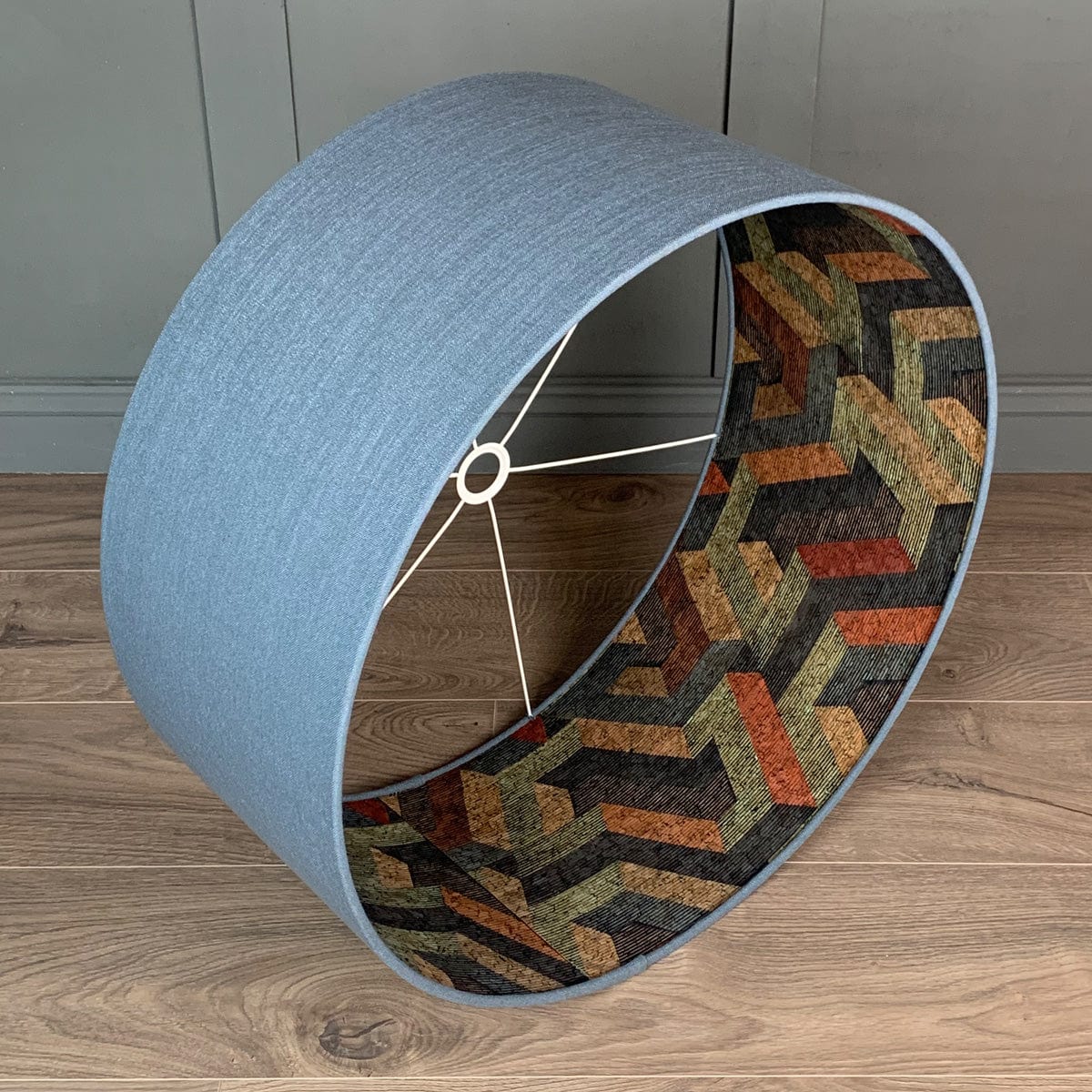 Saxon Slate Linen Pendant Shade with Anthology Escheresque Copper/Slate Cork Wallpaper Lining