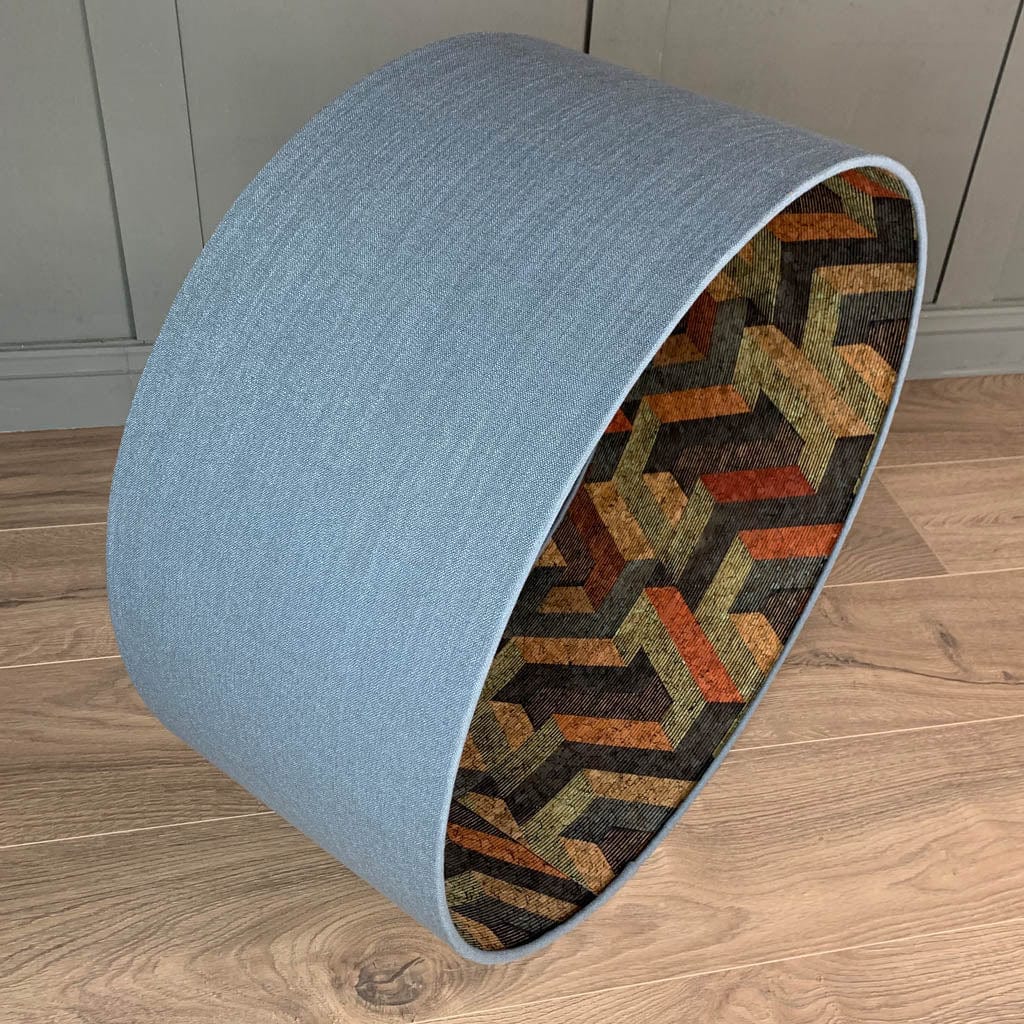 Saxon Slate Linen Pendant Shade with Anthology Escheresque Copper/Slate Cork Wallpaper Lining