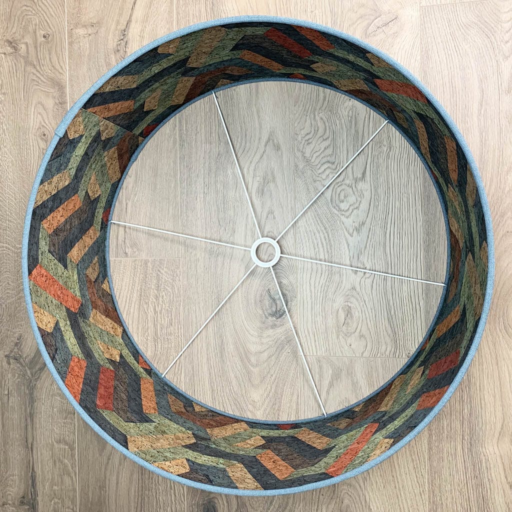 Saxon Slate Linen Pendant Shade with Anthology Escheresque Copper/Slate Cork Wallpaper Lining