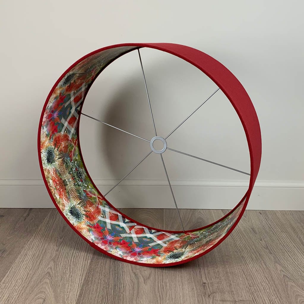 Saxon Cassis Pendant Shade with Mairi Helena Summer Thistle Wallpaper Lining