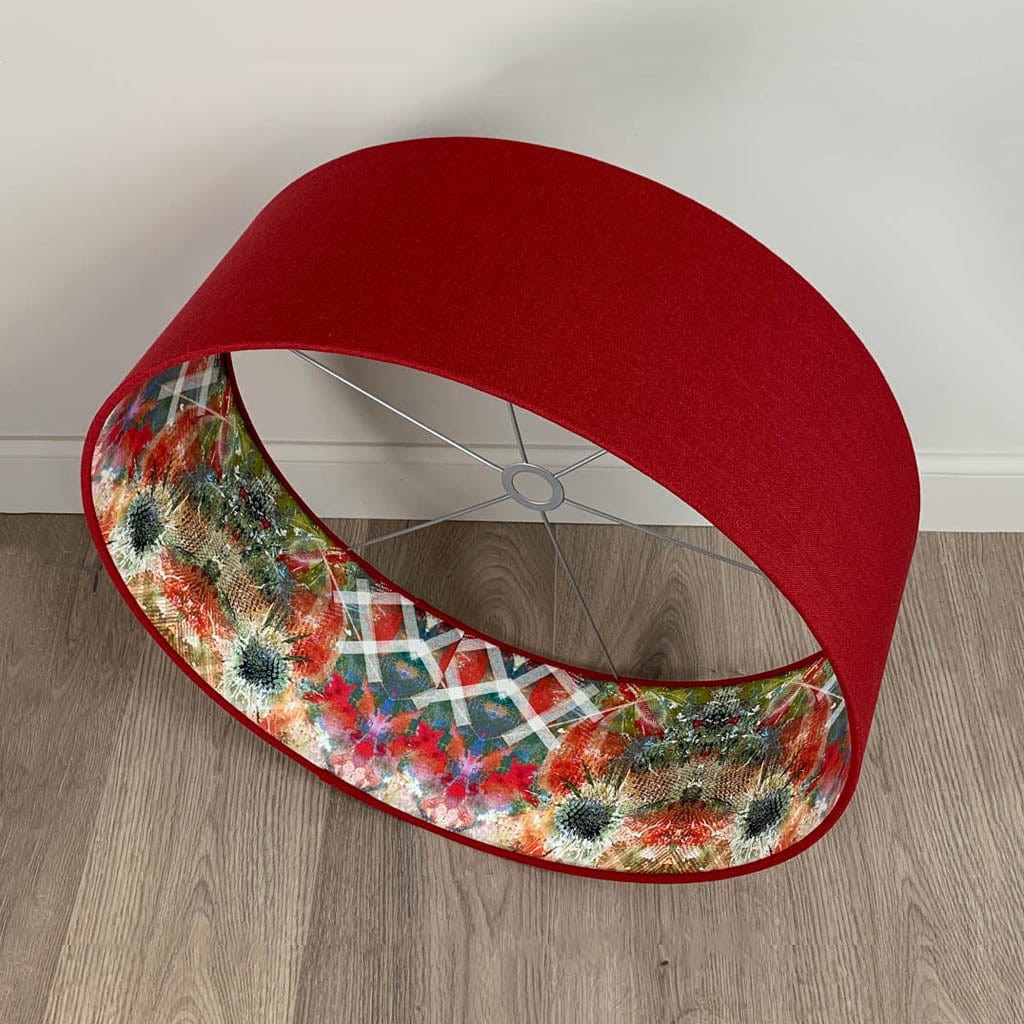 Saxon Cassis Pendant Shade with Mairi Helena Summer Thistle Wallpaper Lining