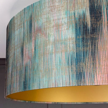 Textured lampshade with a multicolor pattern and yellow base