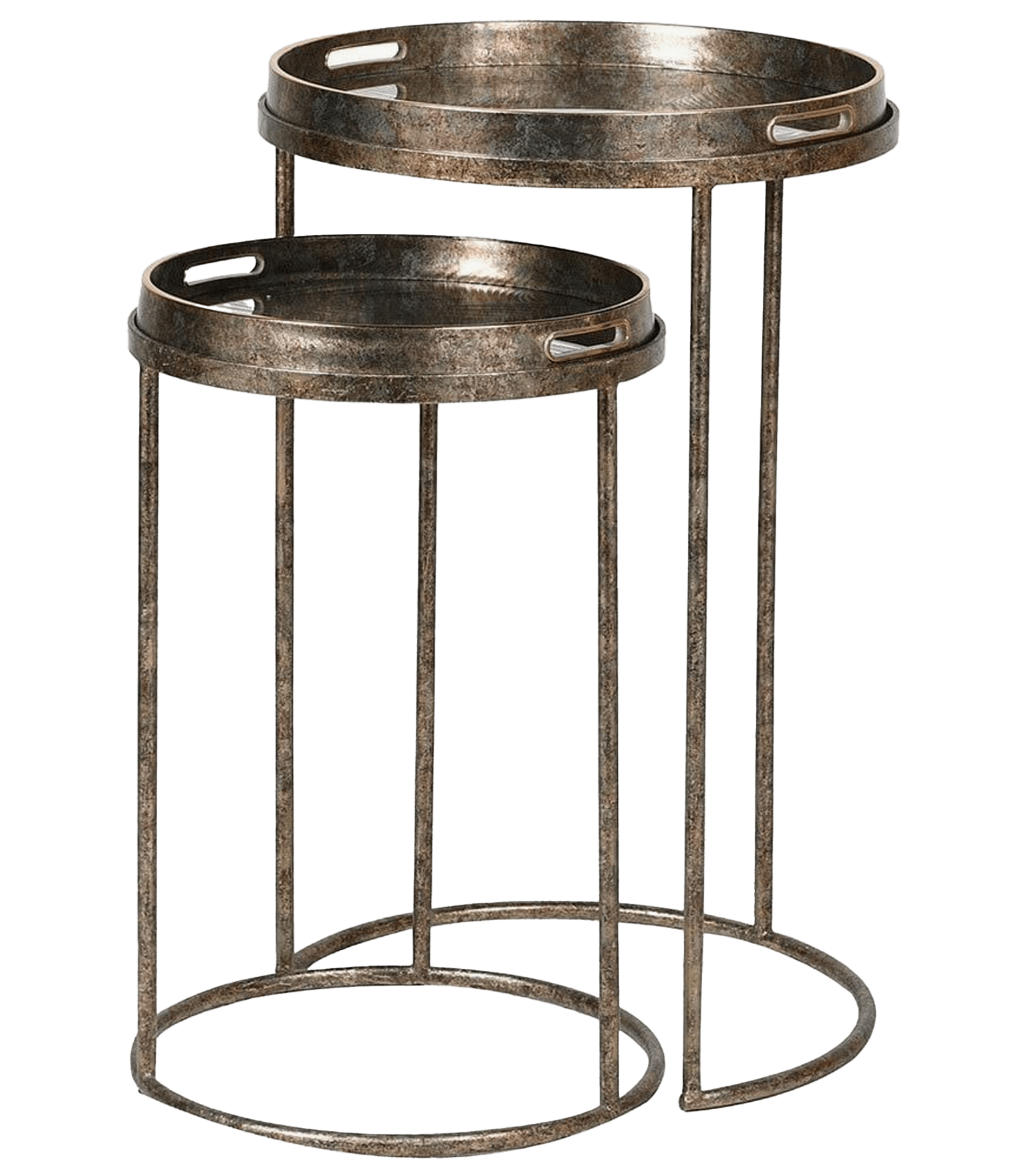 Set of two metallic side tables with round trays on a transparent background