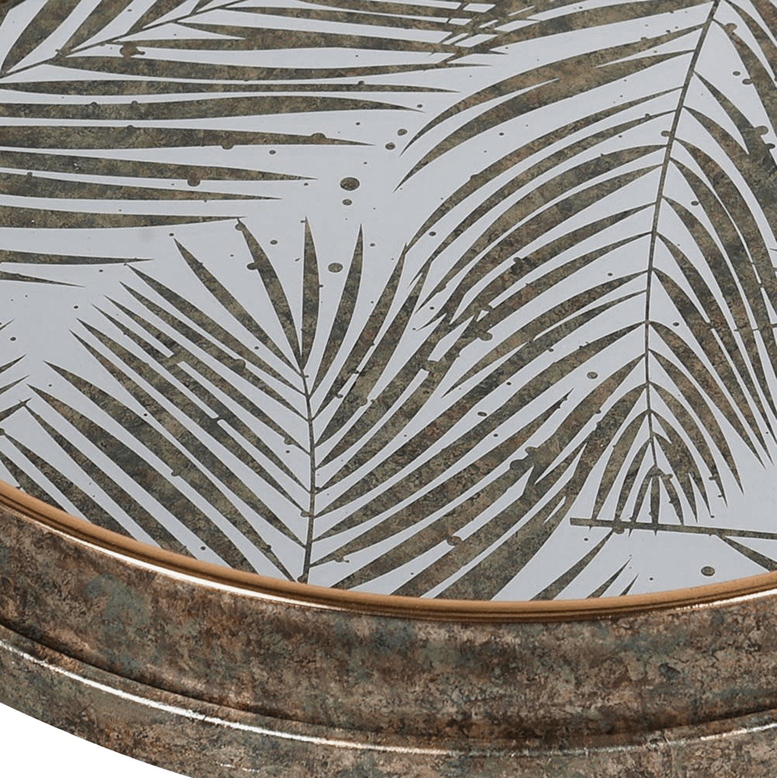 Decorative glass tray table with leaf pattern and bronze rim