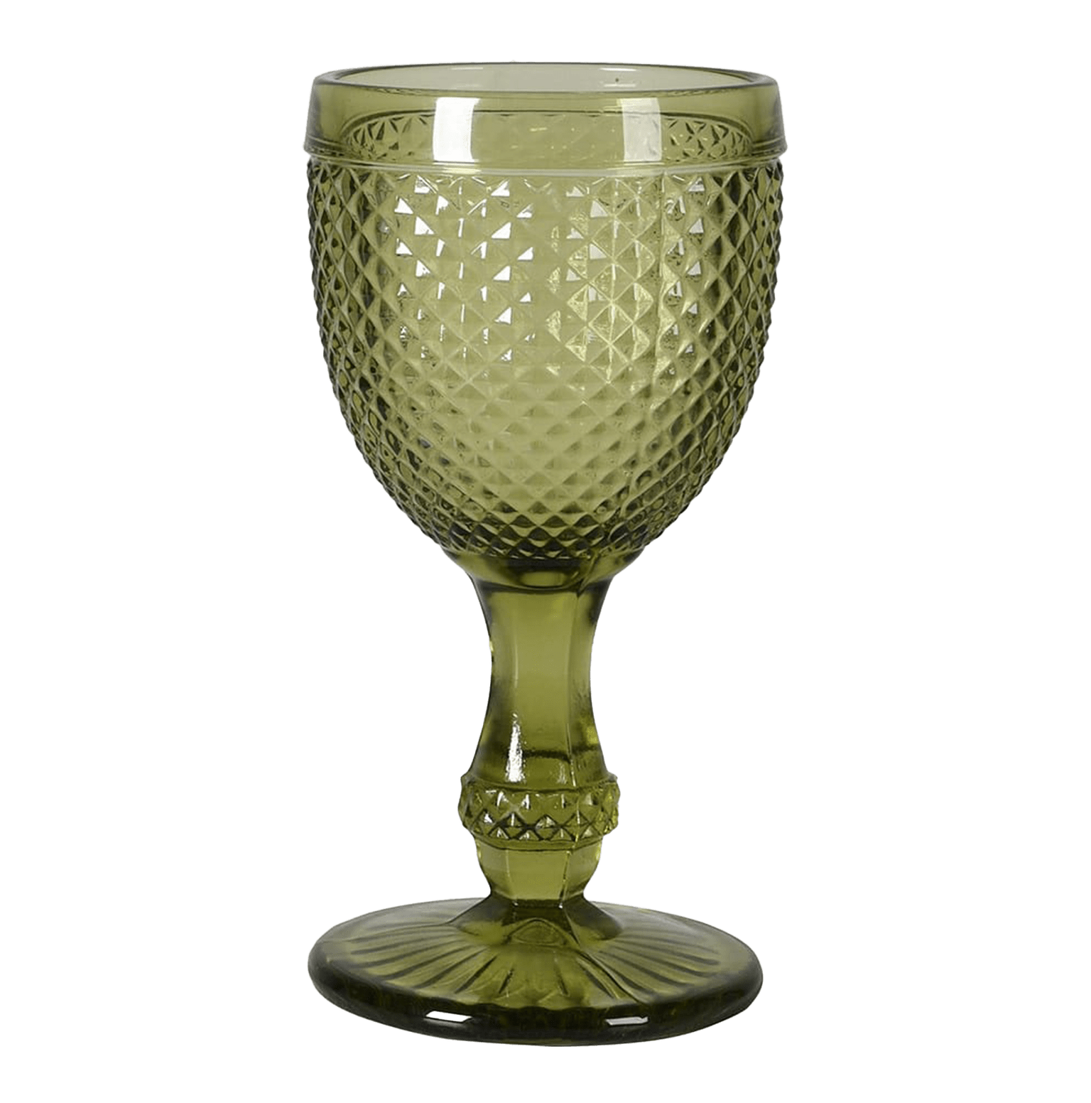 Green glass goblet with textured design on a transparent background