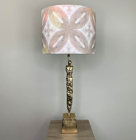 Shaman Antique Brass Table Lamp with Julia Clare's Ancient Tracery 2 Coral Linen Shade