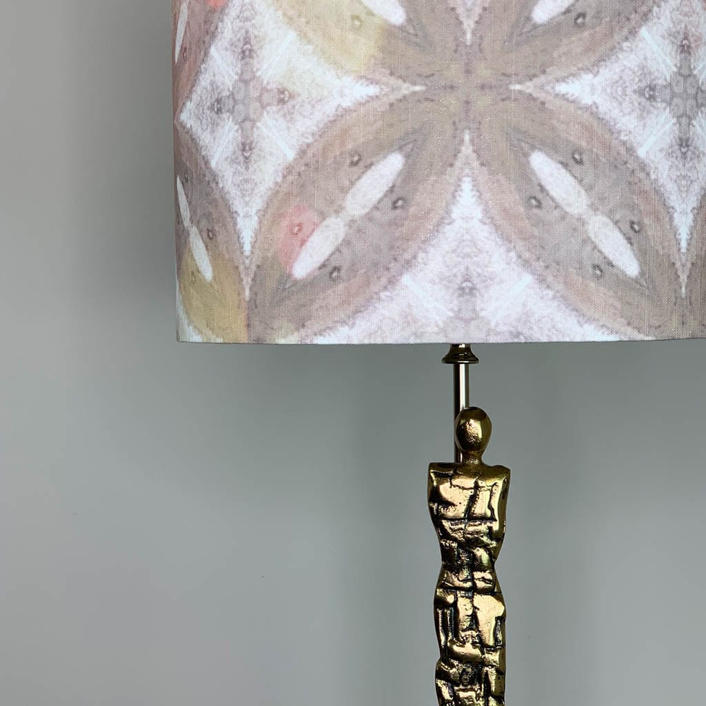 Shaman Antique Brass Table Lamp with Julia Clare's Ancient Tracery 2 Coral Linen Shade