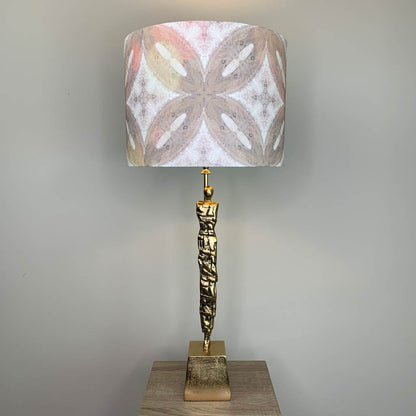 Shaman Antique Brass Table Lamp with Julia Clare's Ancient Tracery 2 Coral Linen Shade