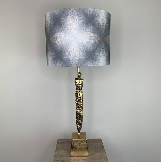 Shaman Antique Brass Table Lamp with Julia Clare's Peacock Feather Linen in Warm Ash & Blue Shade