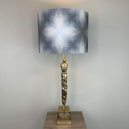 Shaman Antique Brass Table Lamp with Julia Clare's Peacock Feather Linen in Warm Ash & Blue Shade