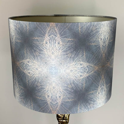 Shaman Antique Brass Table Lamp with Julia Clare's Peacock Feather Linen in Warm Ash & Blue Shade