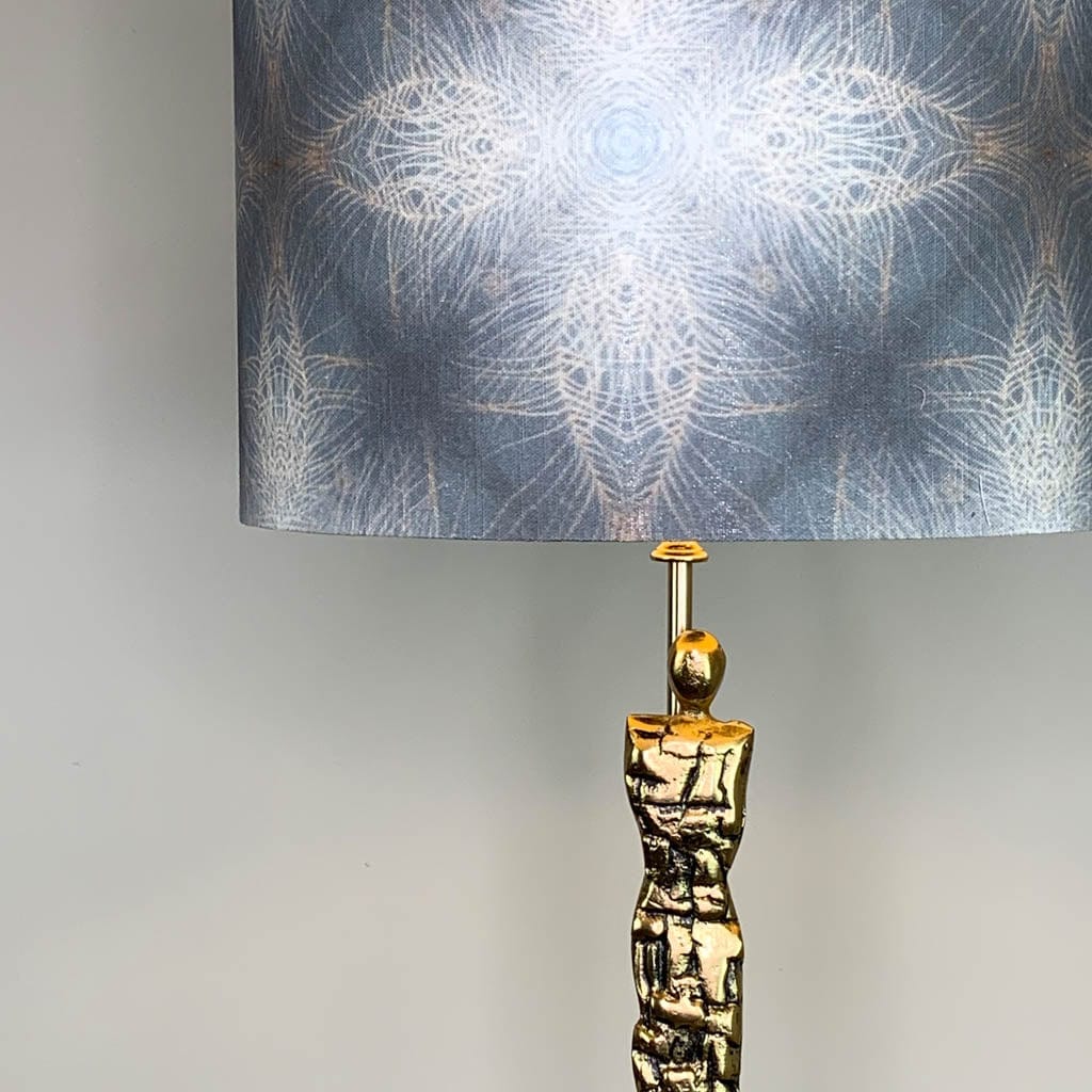 Shaman Antique Brass Table Lamp with Julia Clare's Peacock Feather Linen in Warm Ash & Blue Shade