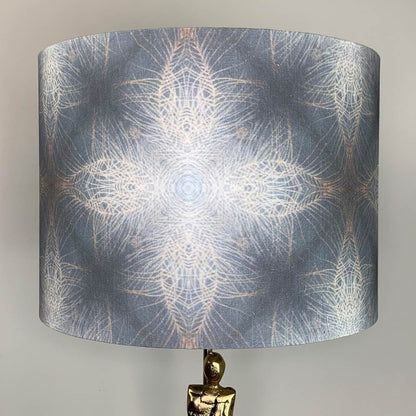 Shaman Antique Brass Table Lamp with Julia Clare's Peacock Feather Linen in Warm Ash & Blue Shade