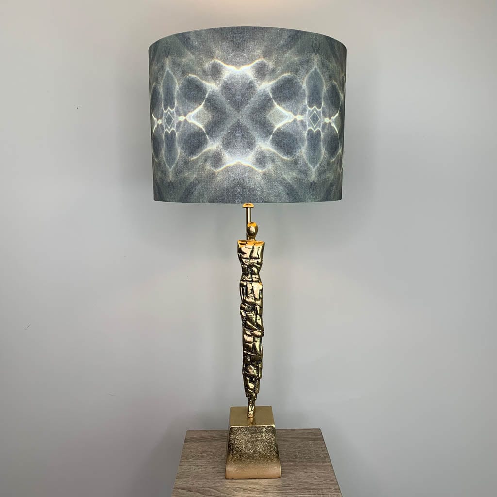Shaman Antique Brass Table Lamp with Julia Clare's Underworld Ripples Linen in Green Olive Shade