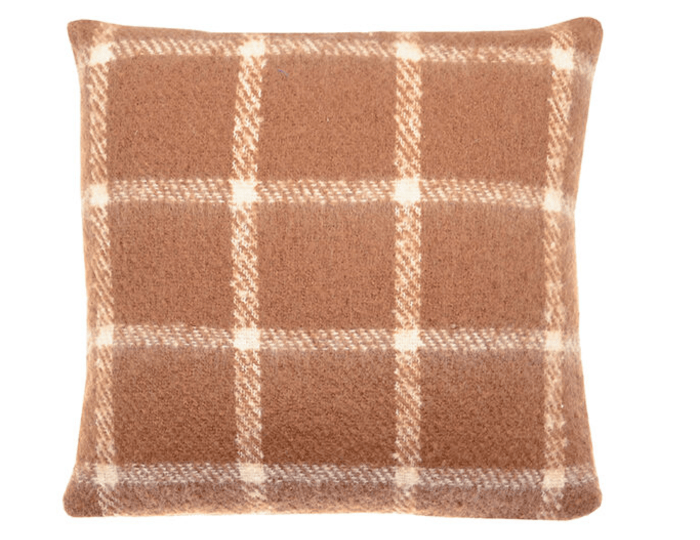 Plaid-patterned pillow with brown and beige colors on a white background