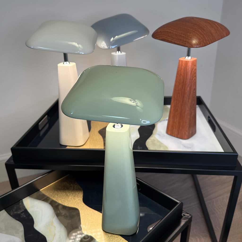 Set of four table lamps with different colored shades on a black tray.