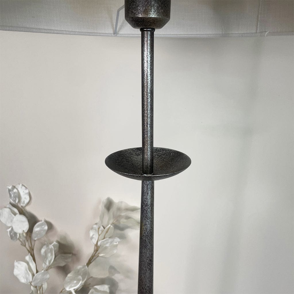 Telford Antique Silver Floor Lamp with White Linen Shade