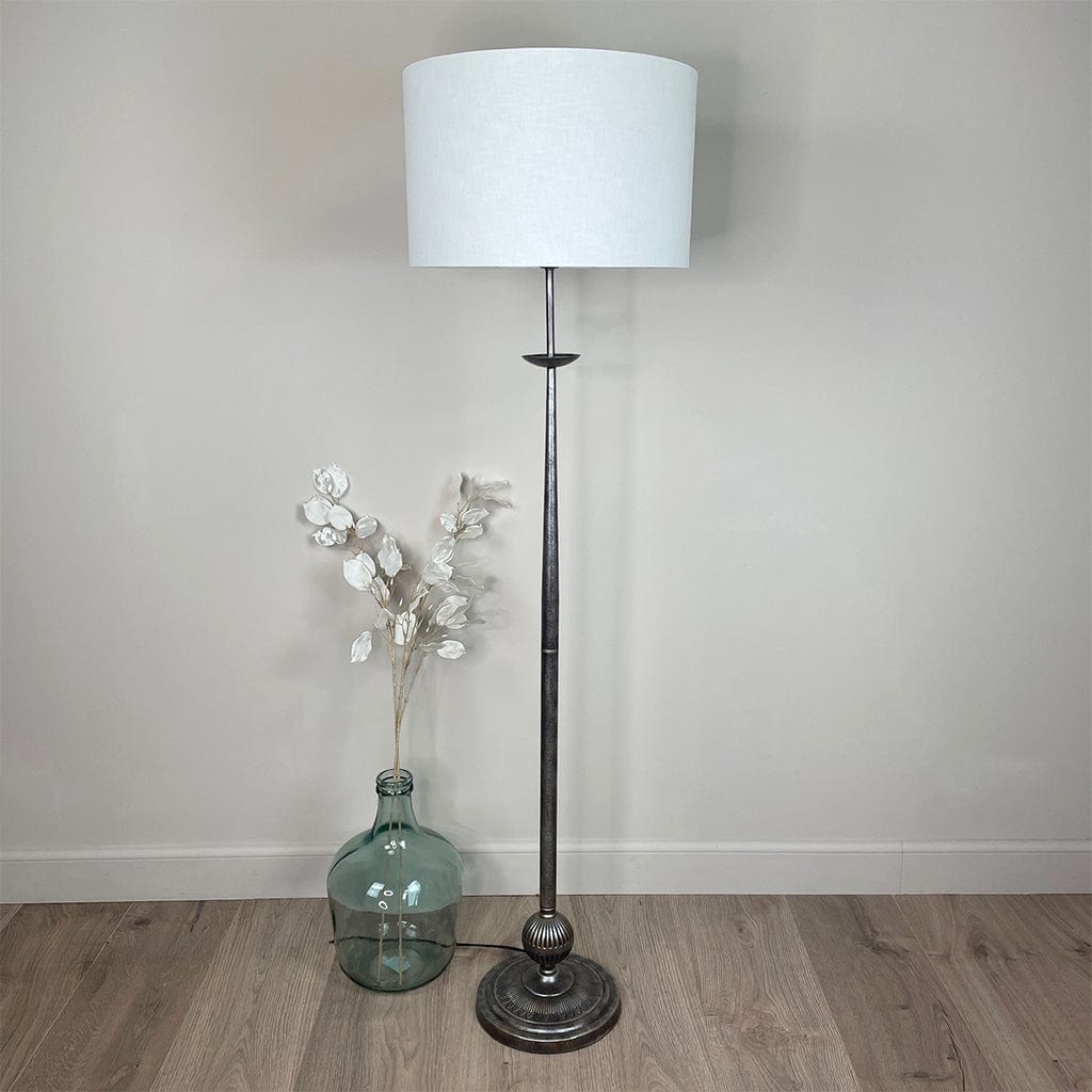 Telford Antique Silver Floor Lamp with White Linen Shade