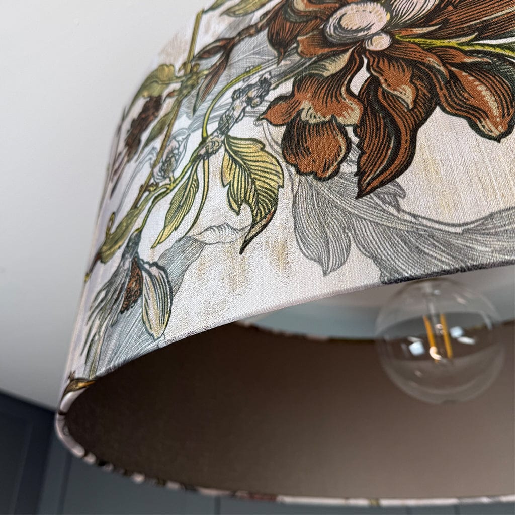 Floral patterned lampshade with a light bulb inside