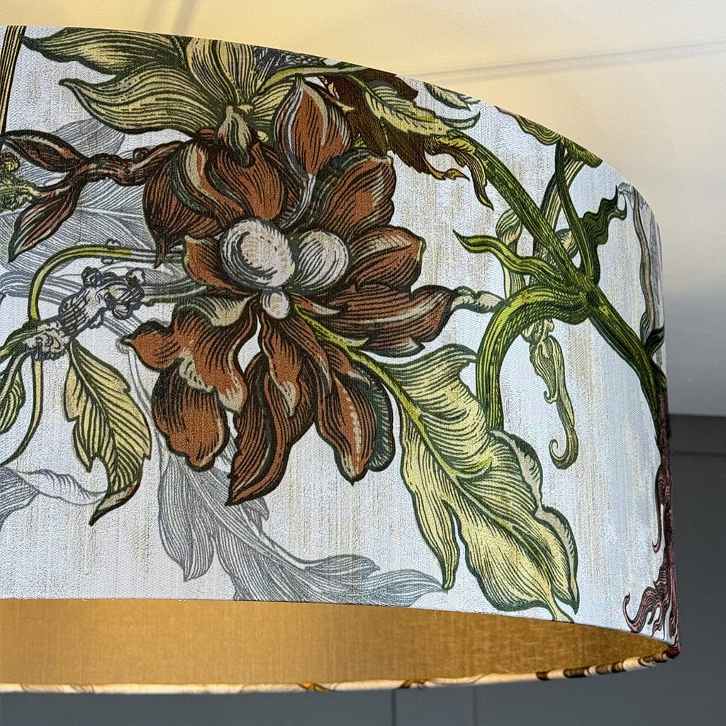 Floral patterned fabric with brown flowers and green leaves on a white background