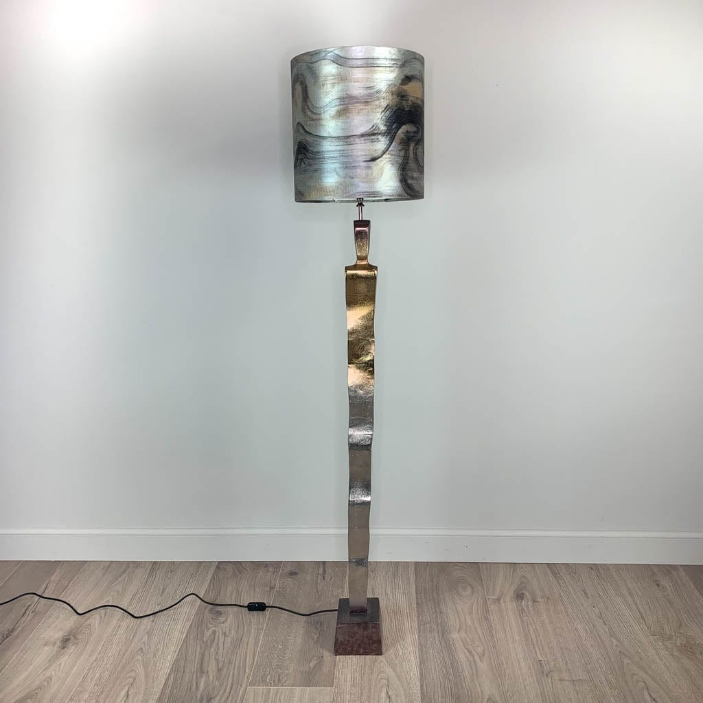 Totem Nickel & Champagne Floor Lamp with Tessuto Nero Deep Drum Shade