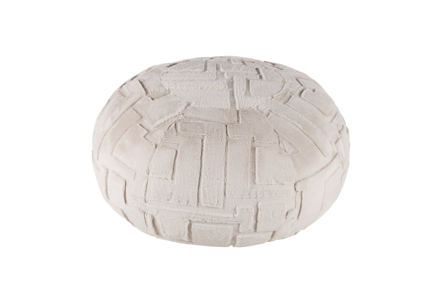 Round woven ultra soft beige pouf style pod cushion seat on a white background. 