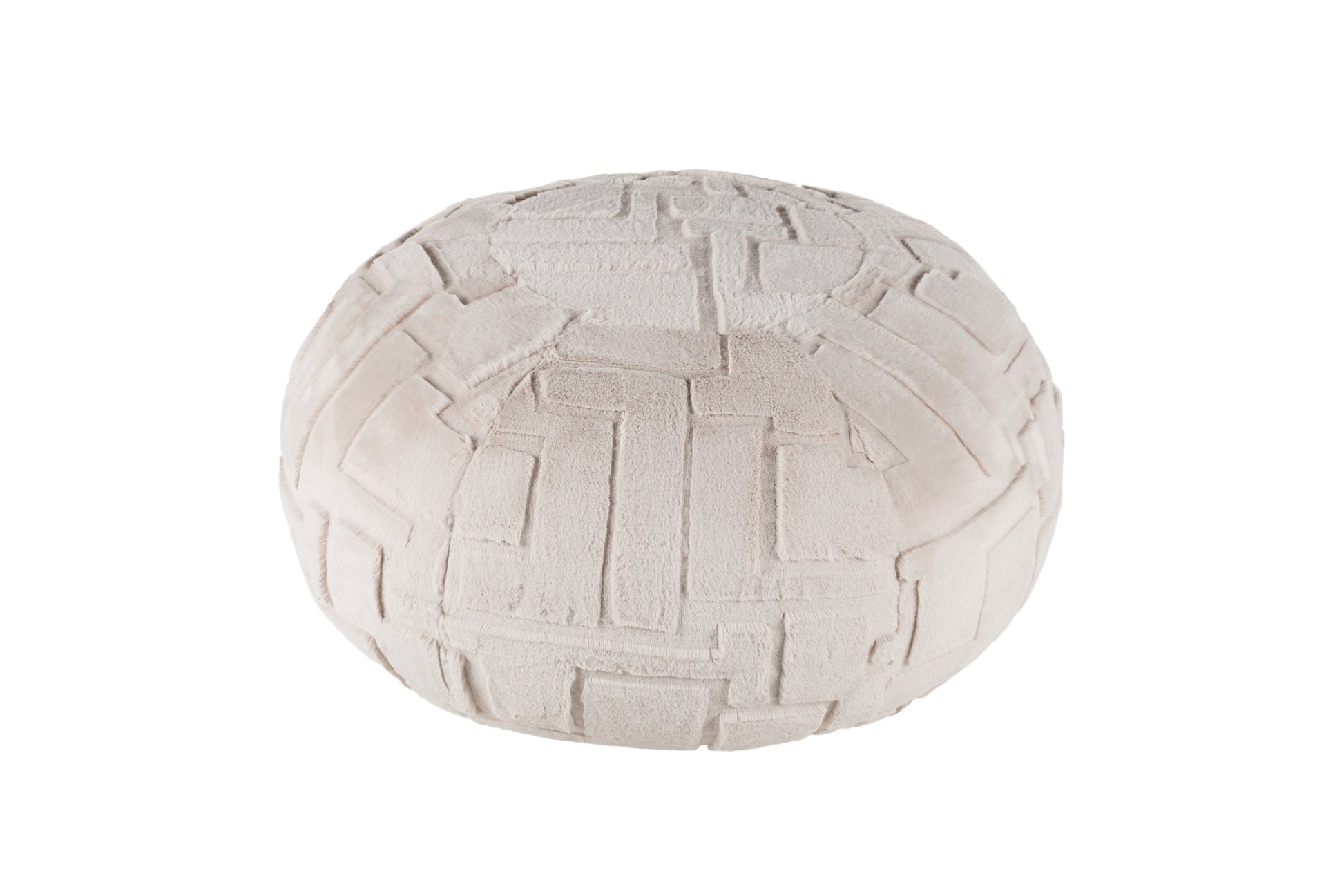 Round woven ultra soft beige pouf style pod cushion seat on a white background. 