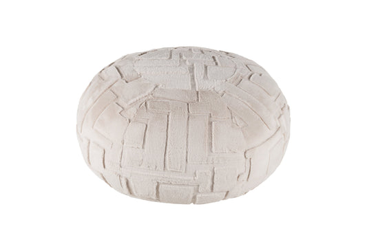 Round woven ultra soft beige pouf style pod cushion seat on a white background. 