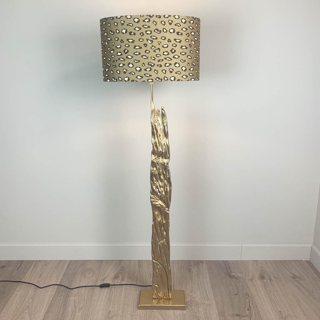 Trident Gold Floor Lamp with Golden Leopard Print Soft Velvet Oval Shade