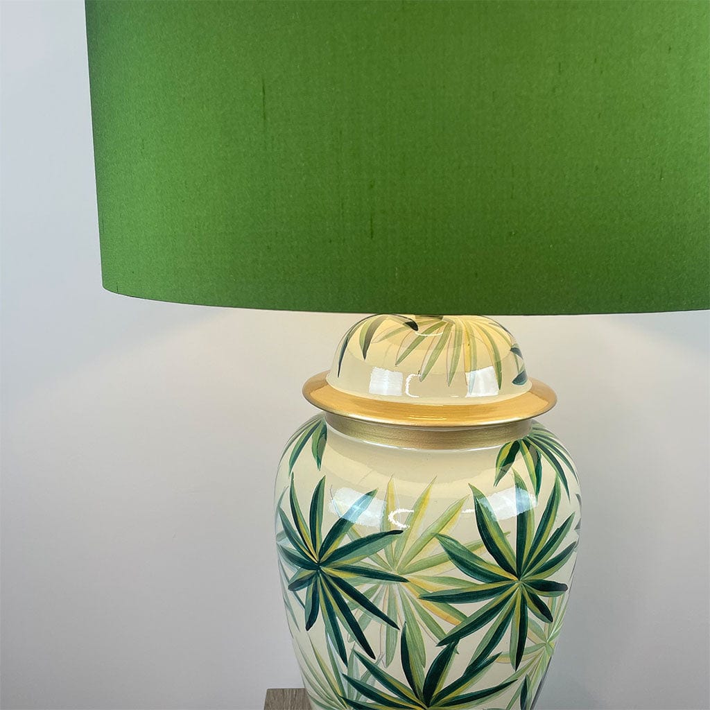 Urn Green Palm Leaf Table Lamp Base with Bottle Green Silk Shade