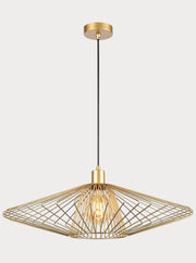 Gold pendant light with geometric design on a white background