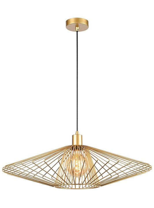Gold pendant light with geometric design on a white background
