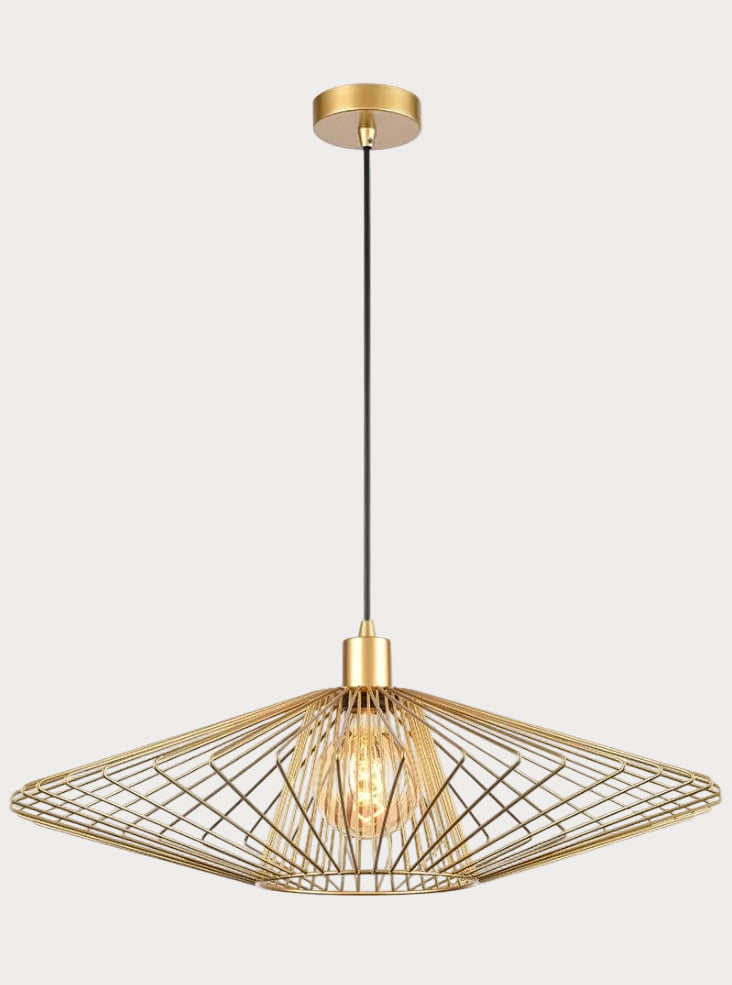 Gold pendant light with geometric design on a white background