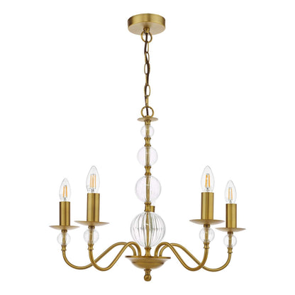 Wrest Park 5 Light Armed Pendant Aged Brass and Ribbed Glass