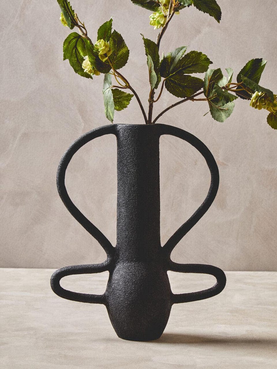 Black vase with curved handles holding green branches on a neutral background