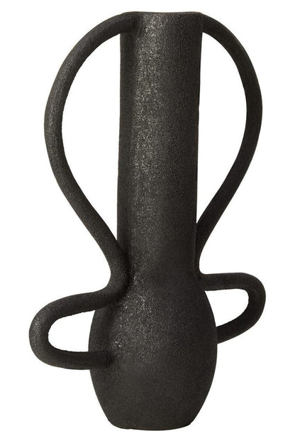 Black vase with twisted design on a white background