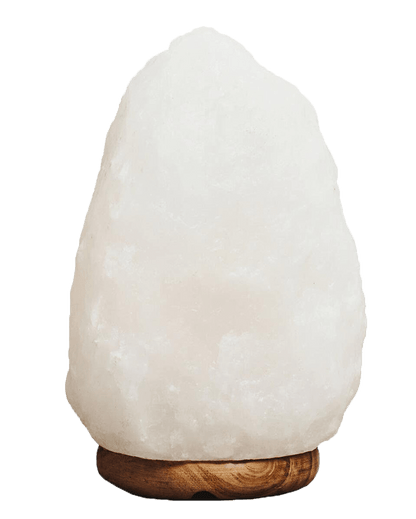 White stone-like lamp with wooden base on a white background