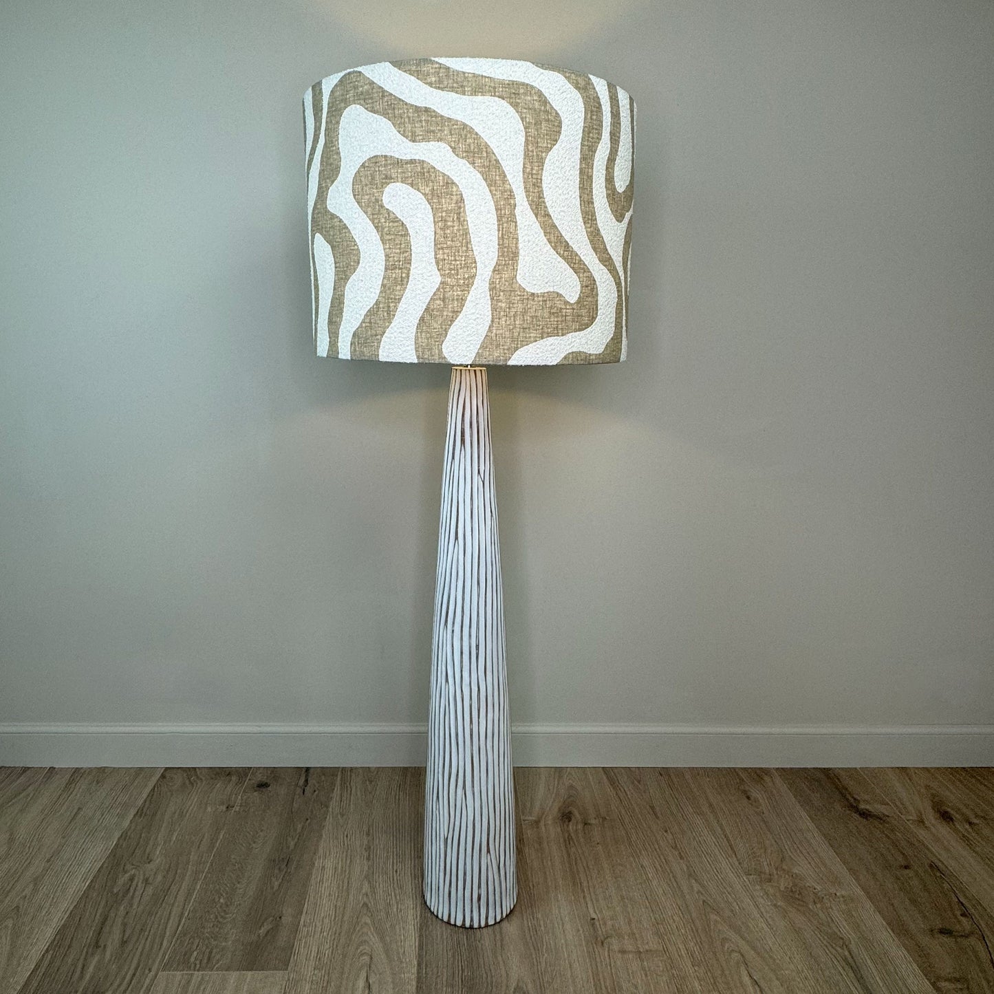 White Wood Effect Floor Lamp with Sigrid Birch Boucle Shade