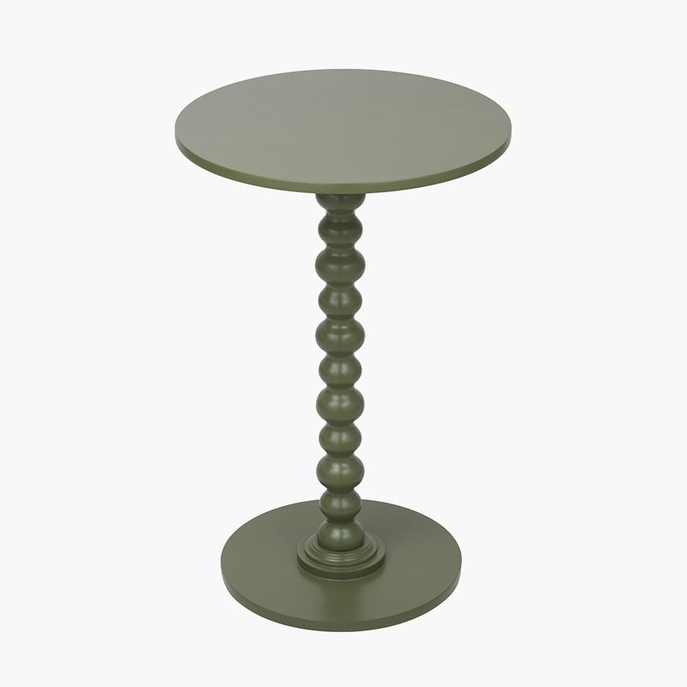 Green round side table with a textured cylindrical base on a white background