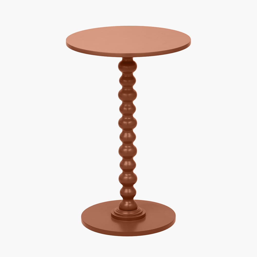 Round wooden table with a spiral pedestal on a white background