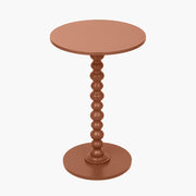 Round side table with a brown wooden base and top on a white background