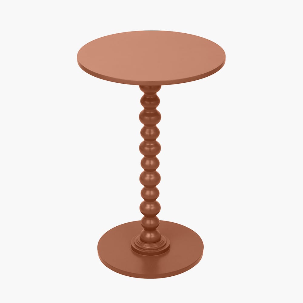 Round side table with a brown wooden base and top on a white background