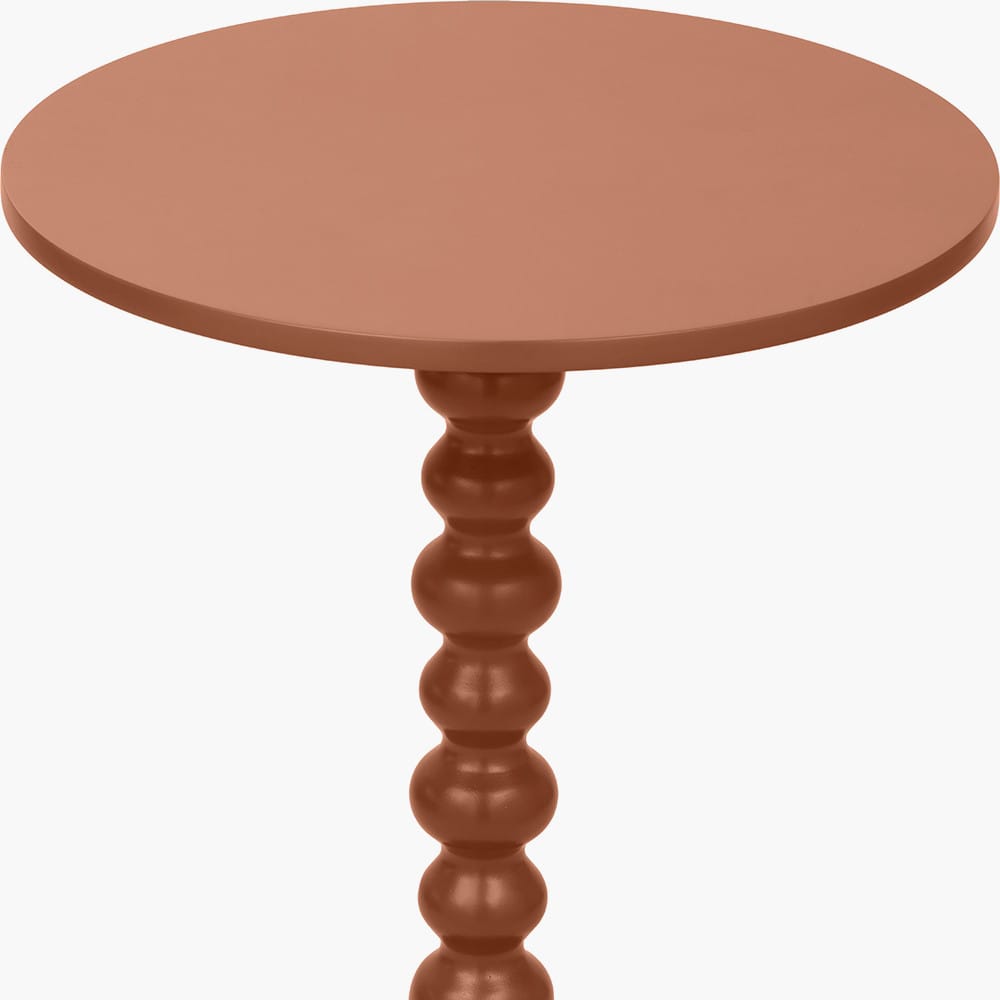 Round table with a textured brown top and legs on a white background